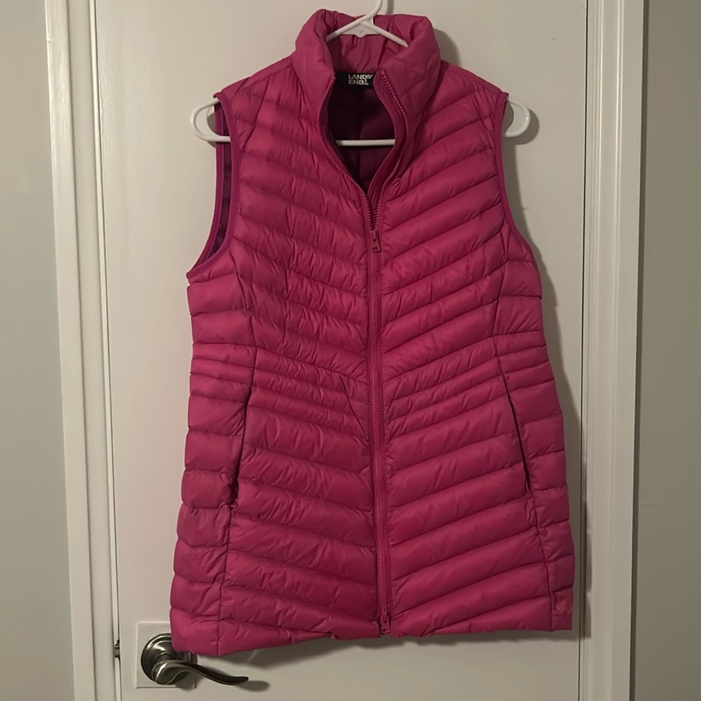 Lands End, Petite Wanderweight Ultralight Packable Long Down Vest, pink, XS